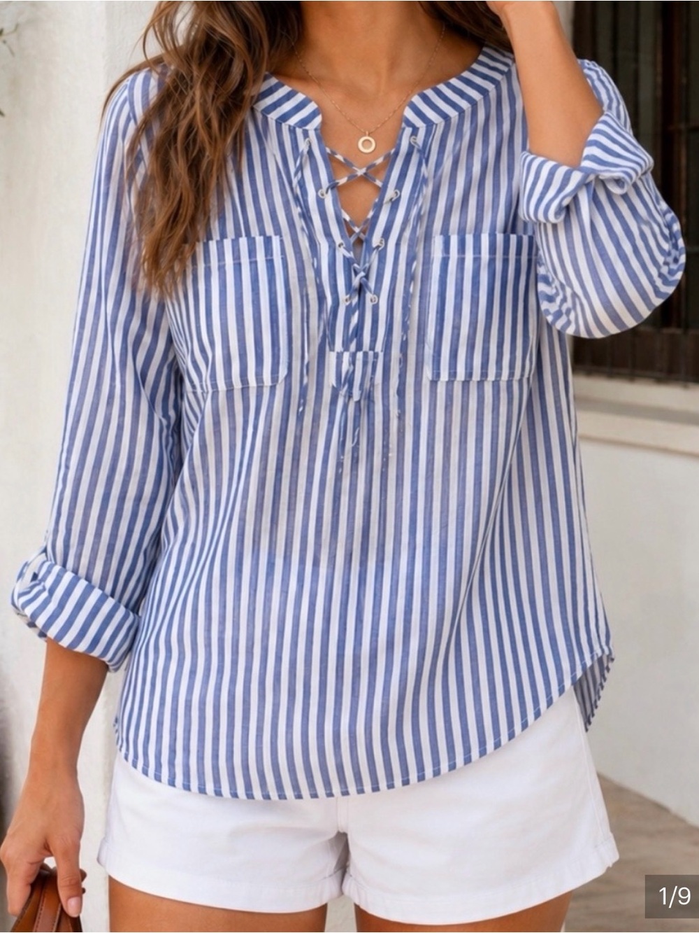 Talbots Blue Stripe Lace-Up Women’s Blouse
